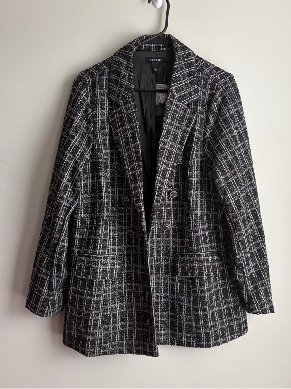 Torrid Gray Stretch Boucle Plaid Double Breasted Blazer Jacket